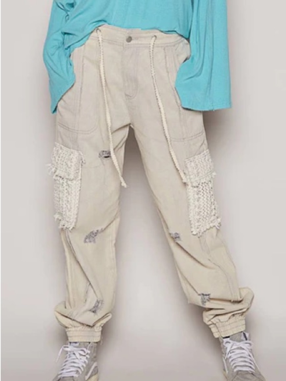 POL Light Gray Drawstring Waist Pants with Distressing and Crochet Pockets